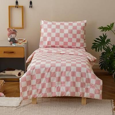 Pureant Pink Plaid Toddler Bedding Checkerboard Grid Comforter for Girls | Pink and White Grid Bedding,Soft Crib Kids Geometric Bed Set,Including Comforter, Flat Sheet, Fitted Sheet and Pillowcase