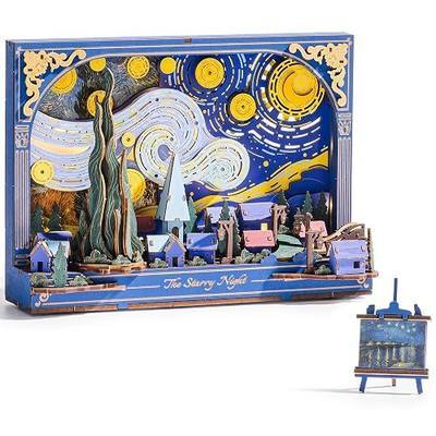 Rowood Starry Night 3D Puzzles for Adults,Mother's Day DIY Wooden Vincent Van Gogh Painting Artwork Craft Kit Building Set with LED,Home Decor Botanical Collection Gift for Family on Christmas