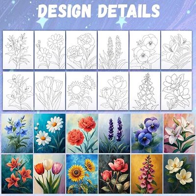 12PCS 8x10IN Pre Drawn Canvas to Paint for Adults Flowers Paint Party | Includes Reference Images And Color-Mixing Examples.Canvas With Drawing Ready To Paint for Adults Art Gift