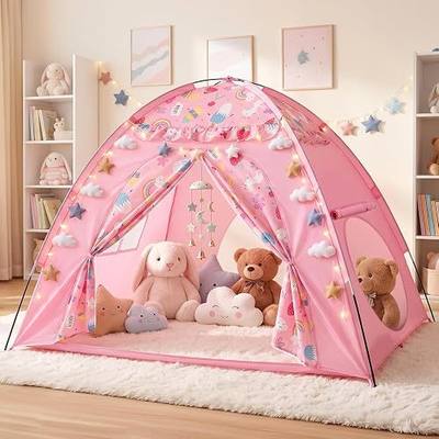 AFUNX Kids Play Tent, Extra Large Unicorn Playhouse for Girls, 70"x45"x43" Pink Kids Playhouse with Cute Ice Cream & Fruit Prints, Foldable Indoor Play Space, Tunnel-Ready Design, Easy Setup Gift Idea
