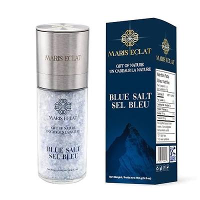 Maris Eclat Blue Salt - Premium Gourmet Mineral Salt - Refillable Glass Grinder with Stainless Steel Top - Naturally Rich in Potassium, Lower in Sodium Than Regular Table Salt - Unprocessed, Kosher Certified (Blue Salt Coarse-Grinder150g(5.3 oz))