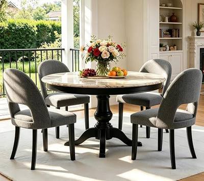 Dining Chairs Set of 4, Modern Farmhouse Upholstered Kitchen Chairs, Wooden Dining Room Chairs with Grey Linen Fabric