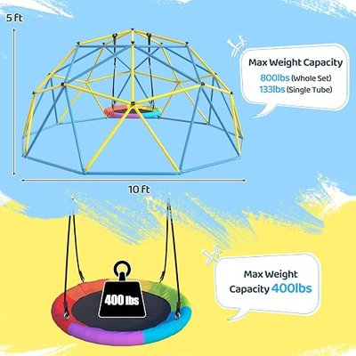 Climbing Dome,10 FT Dome Climber with Rainbow Saucer Swing Outdoor&Indoor Anti-Rust Metal Jungle Gym For Backyard Play Equipment Geometric Dome Toddler Climbing Toys Great Gift for Kids Aged 3 to 8