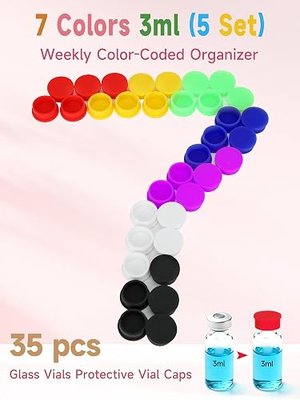 35Pack 3ml Vial Caps (7 Colors) Peptide Vial Caps for 1ml 2ml 3ml 4ml Glass Vials, Used for Peptide Storage, Reusable Silicone Vial Covers/Liquid Cap Fit Peptide Case for Fridge by DawnBox.