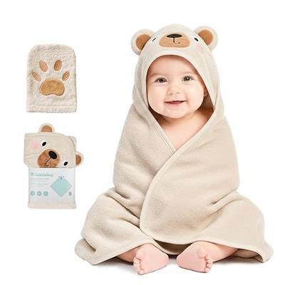CuddleBug Hooded Baby Bath Towel & Washcloth Set (Bear) - 100% Cotton Terrycloth Hooded Baby Towels for Newborn & Toddler - Super-Soft & Absorbent, Newborn Essentials (33" x 33") - Honey Beige