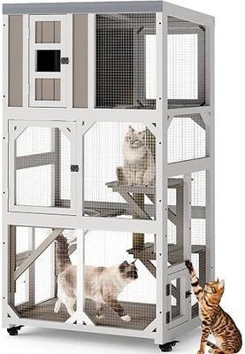 PetsCosset 63.5" H Catio Outdoor Cat Enclosure Window Catio Cat Outdoor Patio on Wheels, Wooden Cats House Link to Door or Tunnel with Waterproof Roof (32.2" L x 21.7" W x 63.5" H)