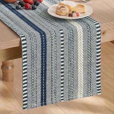 Artoid Mode Dark Blue Farmhouse Stripe Braided Table Runner 12x72 Inch | Holiday Rustic Kitchen Dining Dresser Coffee Table Decoration for Home Party Decor, Macrame Cotton Blend