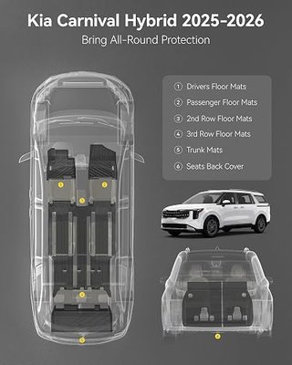 3W Floor Mats & Seatback Mats & Cargo Liner for Kia Carnival Hybrid 2025 2026(Only Fit 8 Seats),Custom Fit All Weather TPE Full Set Floor Liner Trunk Mat with Backrest Mats Accessoires, Black