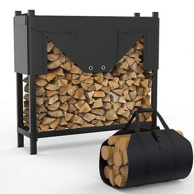 WALMANN Heavy-Duty Firewood Rack with Waterproof Cover & Firewood Carry Bag, 4 ft Outdoor Indoor Wood Log Holder for Fireplace, Patio & Porch, Sturdy Steel Fire Wood Storage Stand
