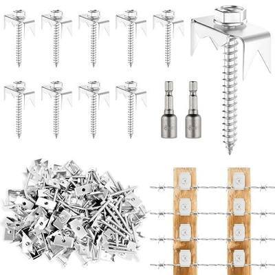 50 Pcs Fence Post Screws with Wire Fixer, Heavy Duty Fence Staples for Wire Fencing, with Hex Adapter, Stainless Steel, for Building or Repairing Wire Fences, Garden Trellises