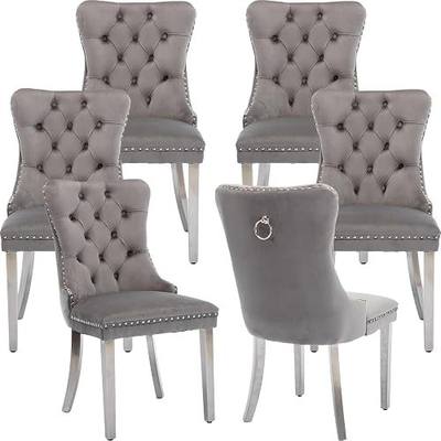 Luxury Upholstered Dining Chairs Set of 6, Grey Kitchen Chair with Silver Metal Legs, Velvet Tufted Back Dining Chair, Sillas de Comedor, Modern Kitchen & Dining Room Chairs (Gray, 6 Pcs)