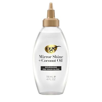 OGX Mirror Shine + Coconut Oil Pre-Wash Hair Gloss, Nourishing Rinse Out Hair Treatment for 48 Hours of Glossy Shine & Damage Repair, Lightweight Oil Mends Split Ends, 4 fl. oz