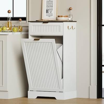 13 Gallons Tilt Out Trash Can Cabinet, Wooden Fluted Trash Garbage Cabinet with Drawers, Hidden Laundry Hamper with Hooks for Kitchen Living Room, White