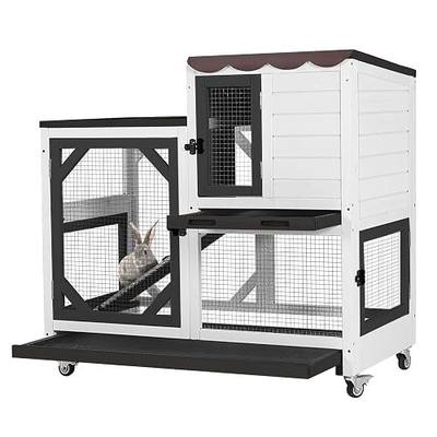 GUTINNEEN Rabbit Hutch Indoor Outdoor 2 Story Bunny House on Wheels Wood Rabbit Cage with 2 Pull Out Trays Guinea Pig Cage (Black)