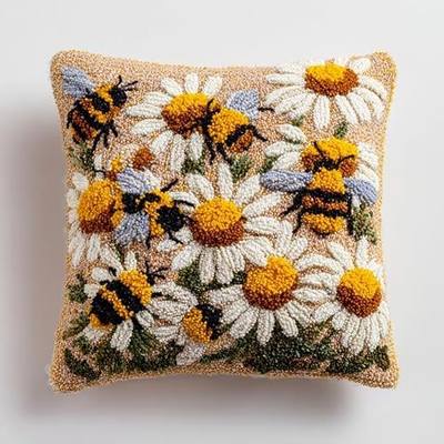 Latch Hook Pillow Kit Yellow Bees and Many Daisy Flowers 43x43cm | Printed Canvas Pillow Cover Already Sewed DIY Embroidery Pillowcase Crochet Yarn Hooking Craft Set for Hobby and Home Decor