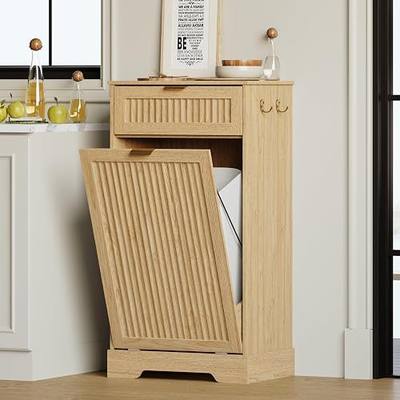 13 Gallons Tilt Out Trash Can Cabinet, Wooden Fluted Trash Cabinet with Drawers, Hidden Garbage Laundry with Hooks for Kitchen Living Room, Natural Oak