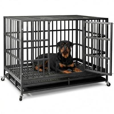 NUGRIART 48 Inch Heavy Duty Indestructible Dog Crate, XL Steel Escape-Proof Kennel for Large Dogs, Double Door Design with 4 Locking Wheels & Reinforced Baseplate, Ideal for High-Anxiety Dogs