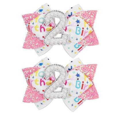 2PCS Hair Bows for Baby Girls Birthday - Glitter 2nd Birthday Hair Bow Sweet Theme with Ice Cream Party, Pink Hair Accessories for Baby Toddler 1 2 3 4 5 6 Years, Outfit & Decorations