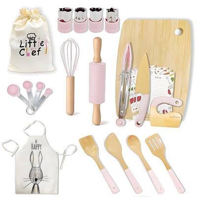 Wooden Cooking & Baking Set for Real Cooking, 32PCS Mini Knife Set Safe Montessori Kitchen Tools, Kitchen Knifes/Cutting Board/Apron with Storage Bag, Baking Utensils Christmas Gift for Little Chef