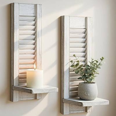 Farmhouse Wall Candle Holders Set of 2, White Wood Shutter Decor | Ideal for Mirrors, Fireplaces and Entryways, Distressed Finish, Fits LED Candles or Mini Vases, 15.7 x 5 In