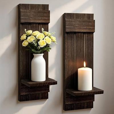 Wall Candle Holders Set of 2, Farmhouse Dark Brown Wood Sconces, 15.7"x5" | Solid Wood, Handmade Finish, Living Room Bathroom and Entryway Wall Décor, Easy Wall Mount