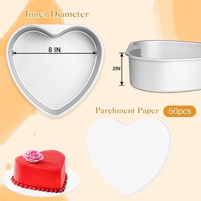 8 Inch Heart Shaped Cake Pans,2 Pack Aluminum Heart Baking Pan for Birthday | Non-stick Aluminum Baking Tins with 50 Pieces Parchment Paper,Cake Molds for Valentine’s Day Wedding