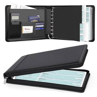 Antner Zippered 7 Ring Business Checkbook Binder Portfolio for 3-on-a-Page Business Checks, 600 Checks Capacity, PU Leather Check Book Binder Cover with Zipper Pouch & Dividers for 9x13 Sheets, Black
