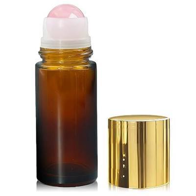 1.7oz Refillable Rose Quartz Roller Bottles for Oils | Amber Glass Roll-On Bottles with Natural Rose Quartz Roller Balls and Leak-Resistant Gold Caps for Perfumes,Essential Oils