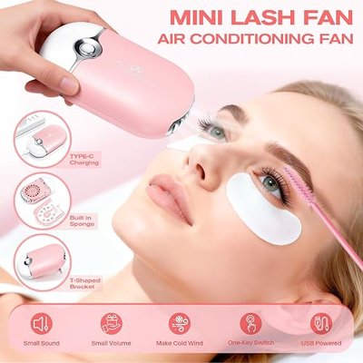 Professional Lash Fan Dryer for Eyelash Extensions | Shmian USB Rechargeable Mini Fan with Cooling Sponge & T-Shape Stand | Fast-Drying Lash Adhesive Tool for Eyelash Techs & Nail Polish