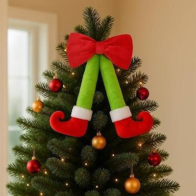 Plush Elf Legs Christmas Wreath Decoration with Large Red Bow - 15.7" Hanging Holiday Decor for Front Door, Wall & Tree (1, Red)