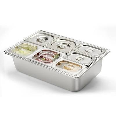 HECMAC Ice Chilled Condiment Serving Container (7 Pan), 2 Types of Lids, Drain Tray, 23 Gauge Anti-Jam Food Pan Commercial Heavy Duty Spice Rack Set, for Kitchen Buffet Catering