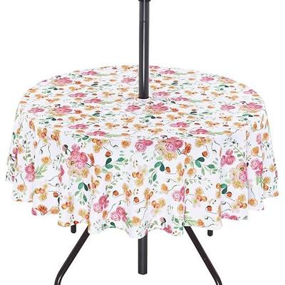 SquarePie 60 inch Round Outdoor Tablecloth with Umbrella Hole - Waterproof SpillProof Patio Zippered Table Cover for Spring Summer Garden Camping Poolside Picnic, Rose Floral