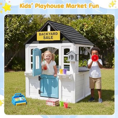 YOFE Wooden Kids Playhouse with Kitchen Sink, Mailbox & Working Doorbell, Outdoor Toddler Play House with Dutch Door, Dog Door & Accessories for Backyard, Pretend Market & Holiday Fun (White)