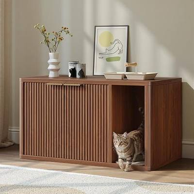 Evermagin 35.4" Walnut Cat Litter Box Enclosure Furniture with Cat Scratch Pad, Large Hidden Litter Box Cabinet with Rounded Corners, Front Entry Can Install Left/Right, Mid Century Modern Kitty Bench