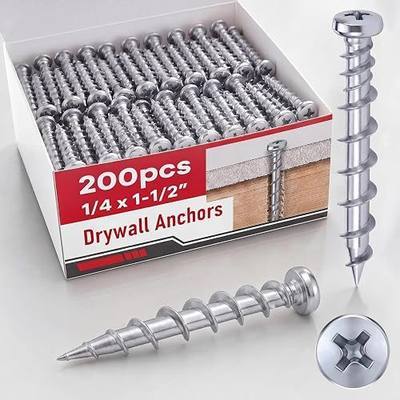 Blulu 200 Pcs Drywall Anchors 1/4 x 1-1/2 Inch Pan Head Alloy Steel Light Wall Anchors Heavy Duty Self Drilling Screws for Drywall, Wood and Other Masonry Materials(Silver)