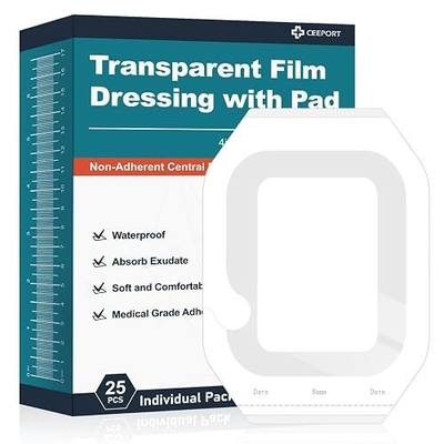 Ceeport Waterproof Transparent Film Dressing with Pad 25 Pack, 4"x4.75" Large Bandages Adhesive Patches, Wound Cover Patches for Post Surgical, IV Shield, Tattoo Aftercare Bandage