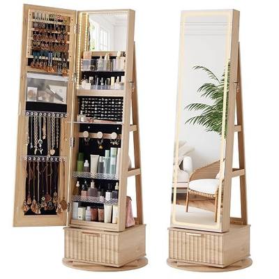 Joaxswe Fluted 360° Swivel Jewelry Armoire Cabinet Standing with Full Length Mirror, Lockable Jewelry Organizers and Drawer Storage with 3 Color LED Lights & Interior Mirror Rear Storage Shelves
