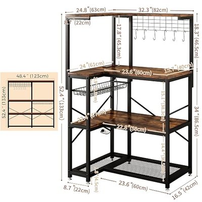 4-Tier L-Shaped Baker's Rack with Power Outlet, Corner Coffee Bar, Brown | Kitchen Appliance Storage, Pull Out Basket, 6 Hooks and Flexible Installation Options for Kitchen, Balcony, Living Room