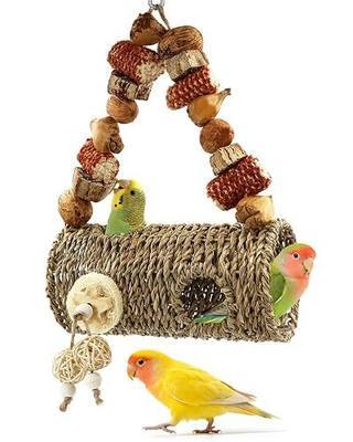 Bird Nest for Cage with Natural Chewing Toys, Hanging Bird Tunnel Bed with Sturdy Metal Frame & Handwoven Breathable Seagrass, Small Parakeet Bed for Lovebird, Canary, Budgie Rest & Chew & Play