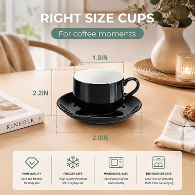 3 Ounce Espresso Cups Set of 4, Black | Stackable Demitasse Mugs, Includes Display Stand, Coffee Cups Saucers, and Spoons, for Machines & Home Use, Gold Stand