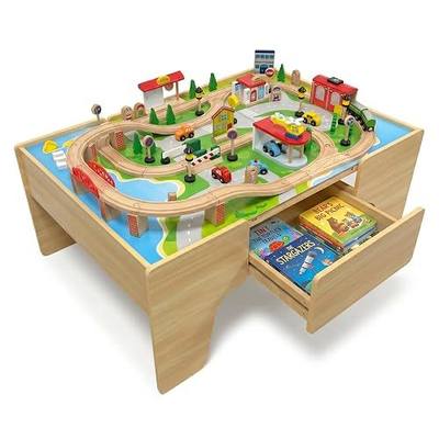 Wooden Train Set & Table for Toddlers, Reversible Activity Table with Storage Drawer, Compatible with Thomas, Birthday Gift for Kids Ages 3-7