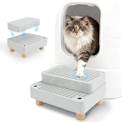 Elevated Cat Ramp for Litter Box, 2-Step Litter Trapper, Grey | Cat Steps for Litter Box, 4.7/6.7-in Heights, Detachable Steps, Non-slip Wooden Base, Waterproof ABS, Kittens and Senior Cats
