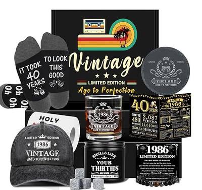 40th Birthday Gifts for Men, Unique Gift Ideas for 40th Birthday Men Who Have Everything, 1986 40 Year Old Birthday Gift Baskets for Man Whiskey Glass Baseball Cap Socks Toilet Paper