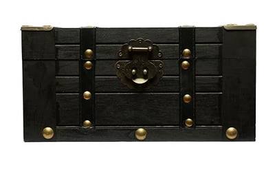 Wooden Treasure Chest with Leather Straps and Latch - Vintage Handmade Pirate Chest Box for Jewelry, Tarot Cards, Keepsakes & Home Decorations - Secure Lock Box Organizer, Black, 11" x 7" x 5.8"