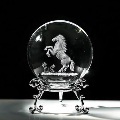 60mm 3D Laser Engraved Horse Crystal Ball with Stand Glass Horse Figurines | Decorative Ball Sphere Animal Paperweight Decor Gifts for Mom Women Home Shelf Decor