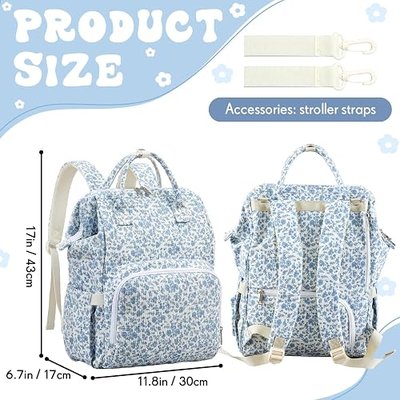 Blue Corduroy Floral Diaper Bag Backpack for Mom Large Capacity Multifunction Travel Backpack for Women, Cute Diaper Bag