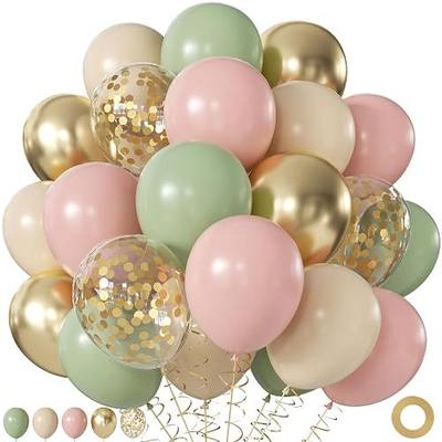 Pink and Green Balloons, 60Pcs 12 Inch Sage Green Pink Sand White Gold Confetti Balloons for Boho Baby Shower Jungle Woodland Floral Fairy Birthday Party Decorations