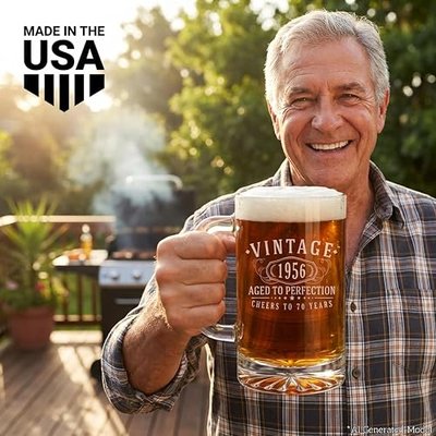 Spotted Dog Company Vintage 1956 Etched 16oz Glass Beer Mug Stein – Happy 70th Birthday Gifts for Men Women, Cheers to Turning 70 Year Old Decorations Decor, 70th Bday Party Favors Supplies, 1.0
