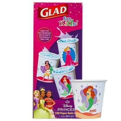 Glad for Kids Disney Princess Mini Paper Cups, 3 Oz, 100 Count | Heavy-duty, soak-proof paper cups for bathroom rinsing and parties; colorful princess designs kids love