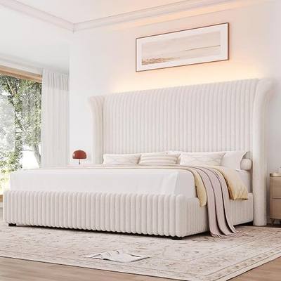 Keyluv King Bed Frame with 54.3” Tall Faux-Fur Wingback Headboard, Upholstered Platform Bed with LED Light, Mattress Foundation with Solid Wooden Slats Support, No Box Spring Needed, Noise-Free, Beige